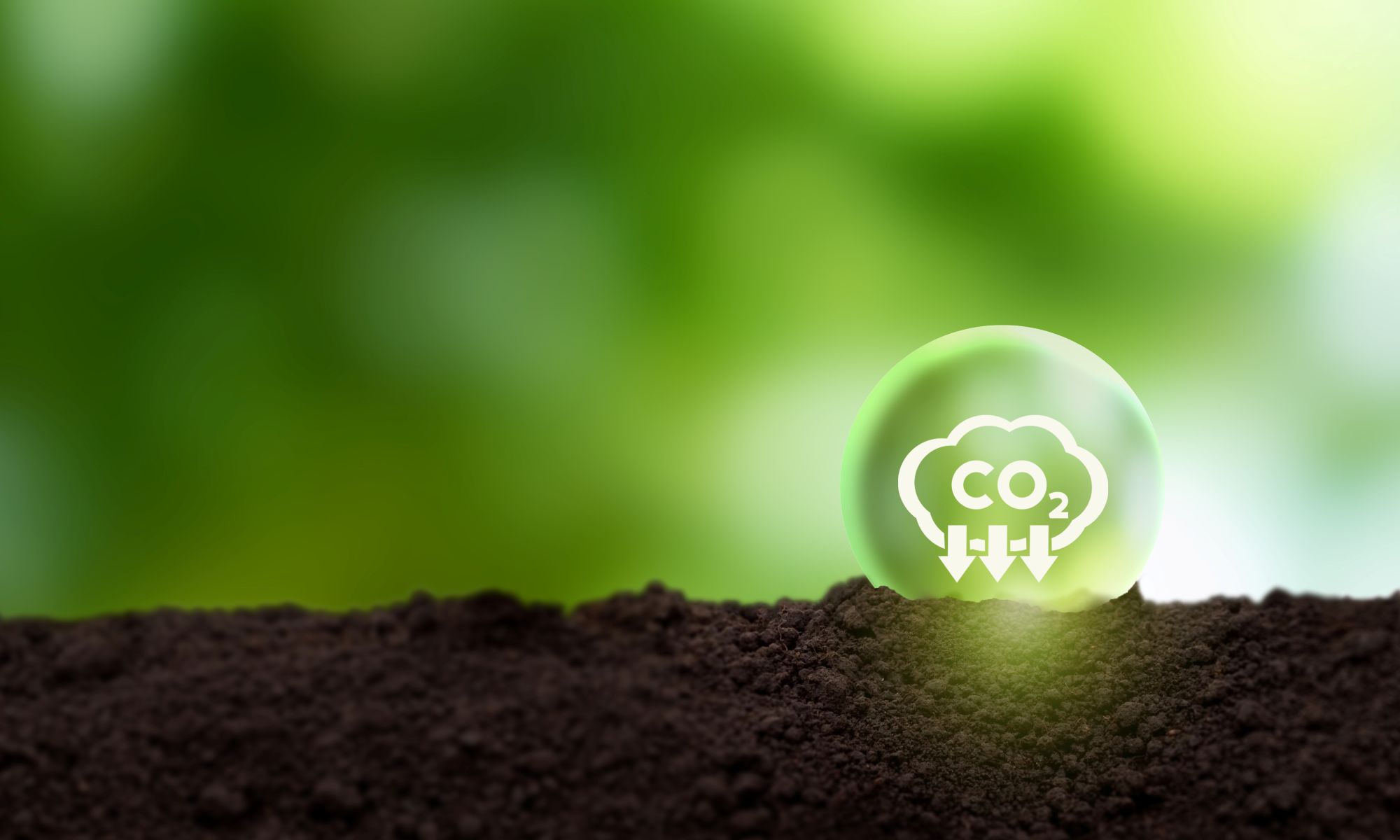 A green circular graphic labelled with CO2 hovers slightly above the earth below, with an arrow pointing down